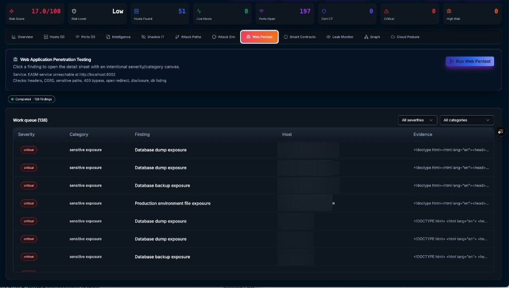 Observeri EASM web application penetration testing findings queue