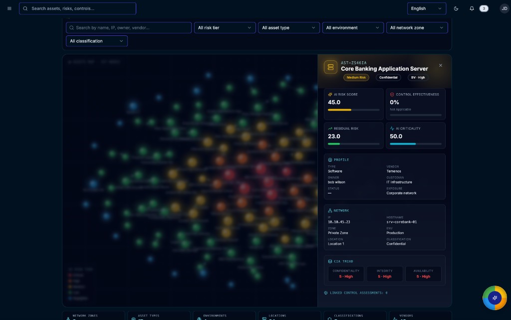Observeri Information Asset Management unified exposure view with AI risk scores and asset detail panel